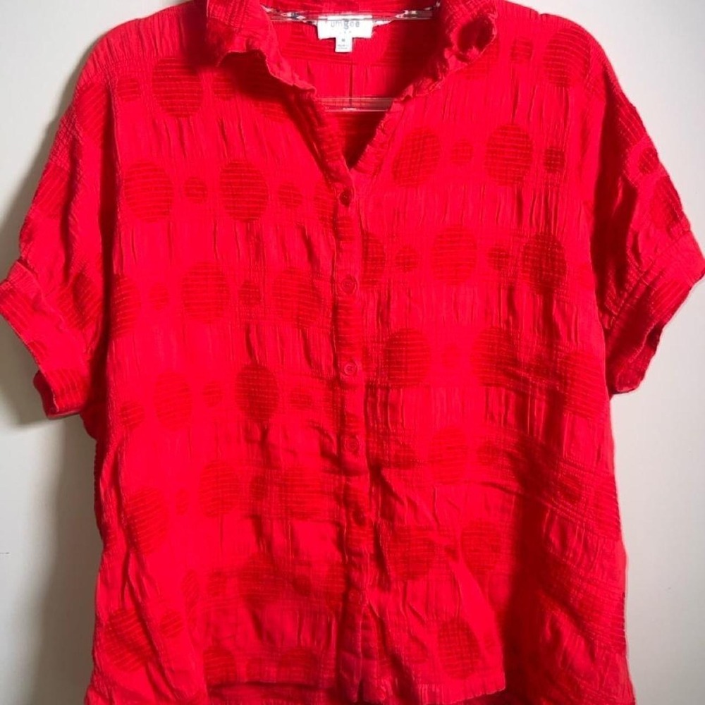Umgee USA Women's Medium Red Textured Polka Dot Button Front Blouse Boho Top